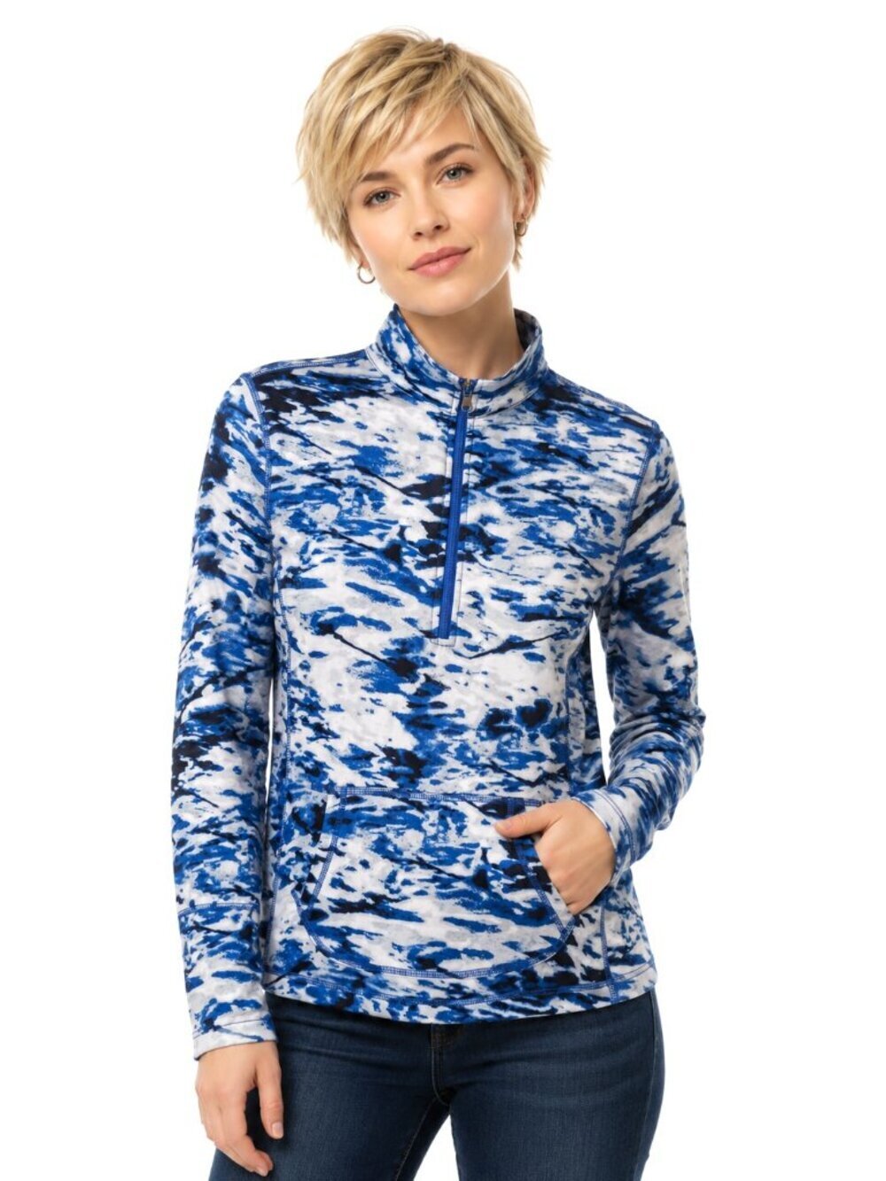Exertek Blue Abstract Print 1/4 Zip Cotton Blend LS Pullover NWT